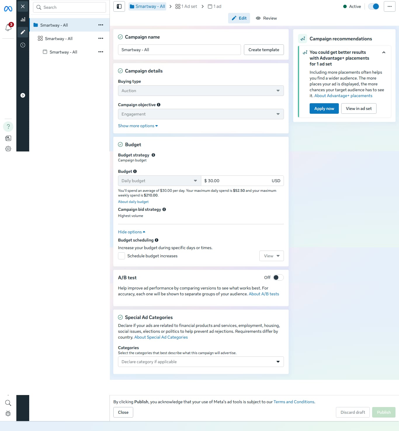 Campaign setup — Engagement objective, Highest volume bid, $30 daily budget